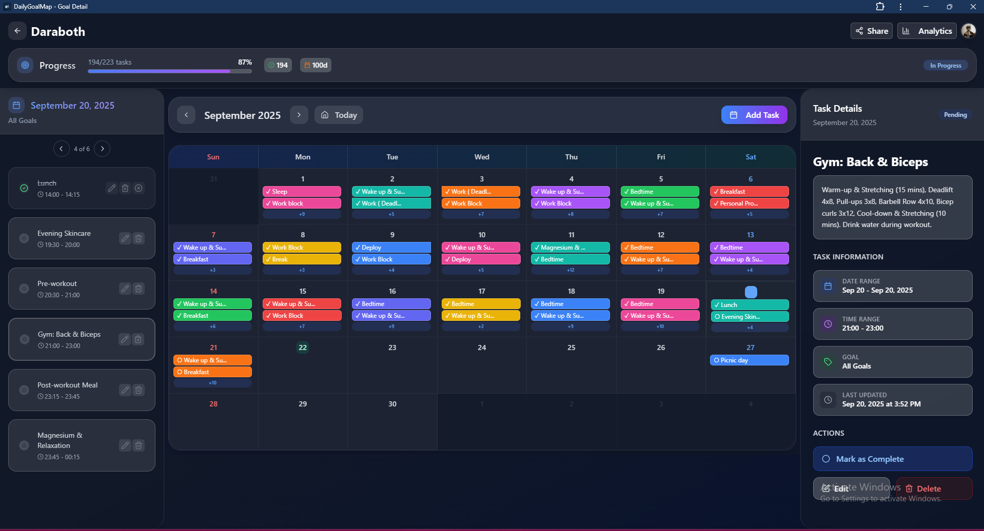 Goal detail page